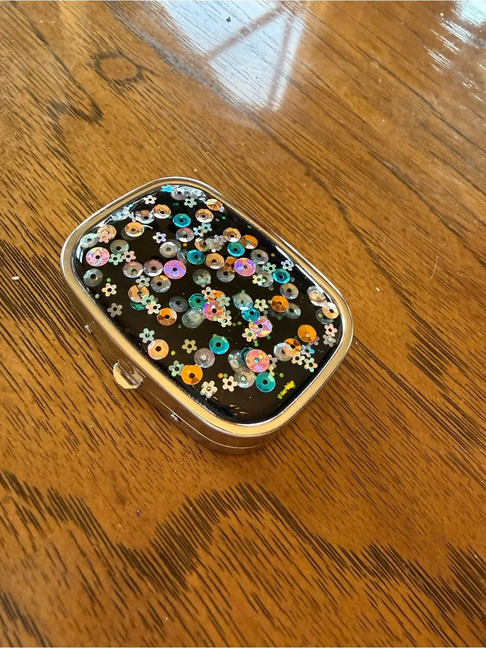 Sparkly Black Resin Travel Pill Case with Mirror & 3 Compartments